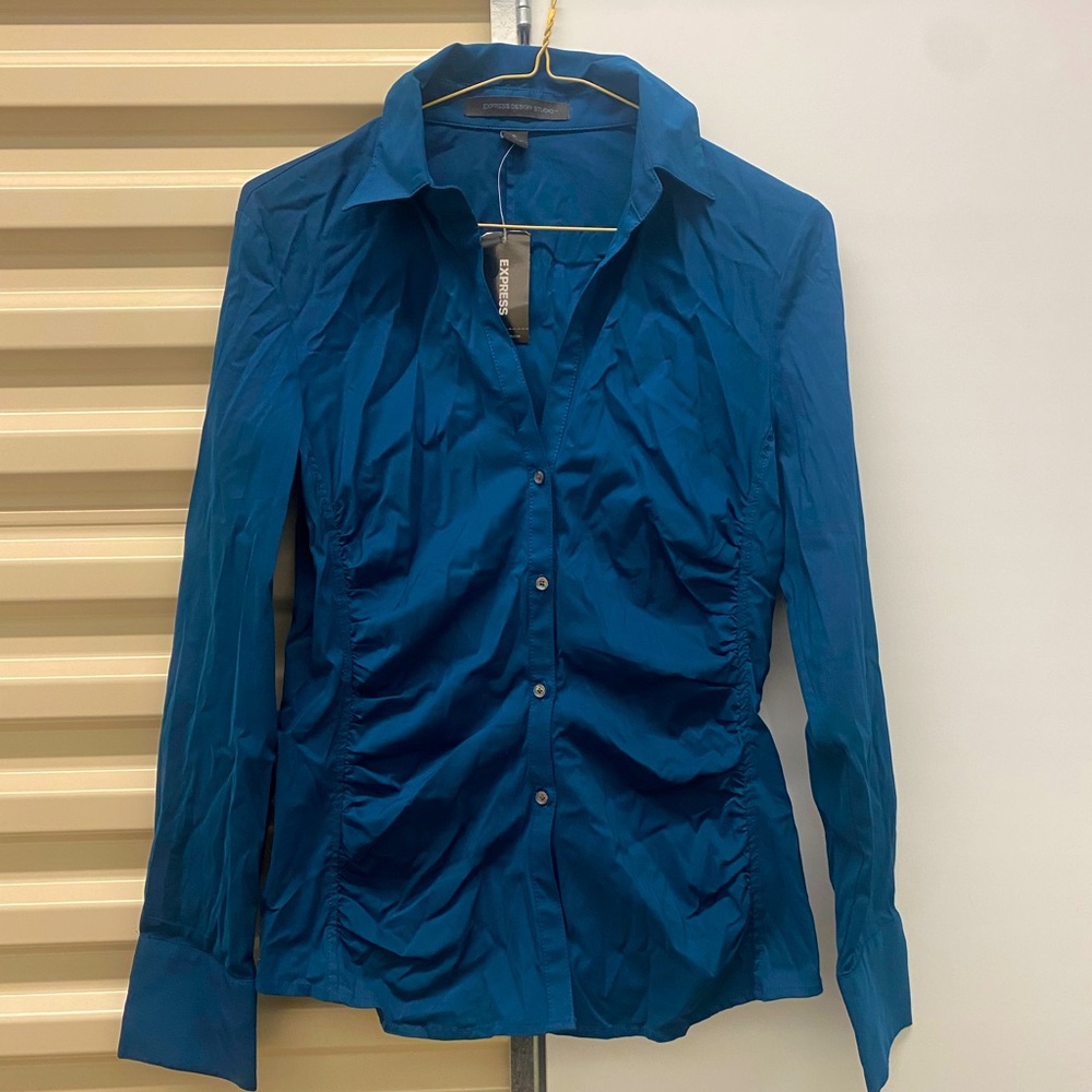 NWT Express Navy Blue Button up Work Shirt with Collar with Rushing